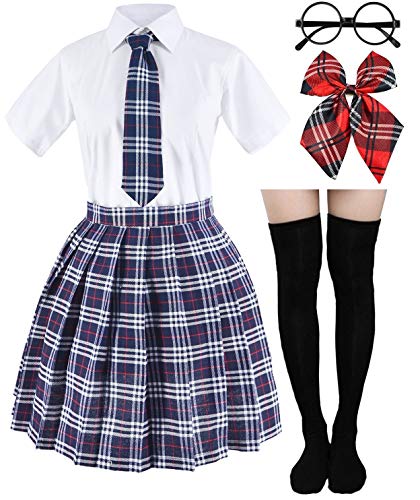 Japanisches Schottenkaro Plissee Schuluniform Cosplay Kostüme mit Socken Brillenrahmen Set, grau, M-Etikett XL Japanisches Schottenkaro Plissee Schuluniform Cosplay Kostüme mit Socken Brillenrahmen Set, grau, M-Etikett XL von Elibelle