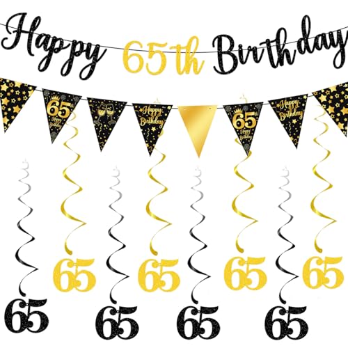 Elicola 65th Birthday Decoration Kit, Happy 65th Birthday Banner Bunting Swirls Streamers, Triangle Flag Banner for Birthday Party Decorations Supplies Black and Gold Elicola 65th Birthday Decoration Kit, Happy 65th Birthday Banner Bunting Swirls Streamers, Triangle Flag Banner for Birthday Party Decorations Supplies Black and Gold von Elicola