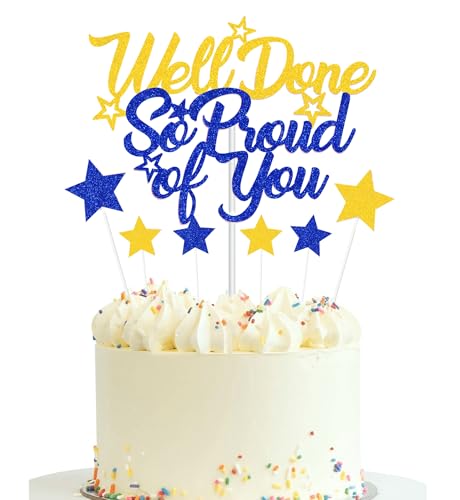 Elicola Tortenaufsatz mit Aufschrift "So Proud of You Well Done", glitzernde Dekoration, Ruhestand, Glückwünsche, Abschlussfeier, Party-Dekoration, Blau / Gold von Elicola