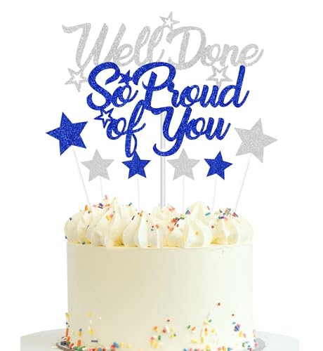Elicola Tortenaufsatz mit Aufschrift "So Proud of You Well Done", glitzernde Dekoration, Ruhestand, Glückwunsch, Abschlussfeier, Party-Dekorationen, Blau und Silber von Elicola