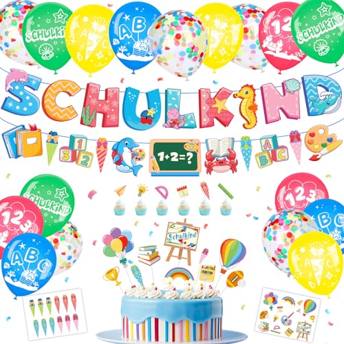 Elidepe Einschulung Deko Set für Mädchen und Jungen - Unterwasserwelt Schulanfang Dekoration mit SCHULKIND Banner, Zuckertüte, Luftballons, Tortendeko und Papierstücke von Elidepe