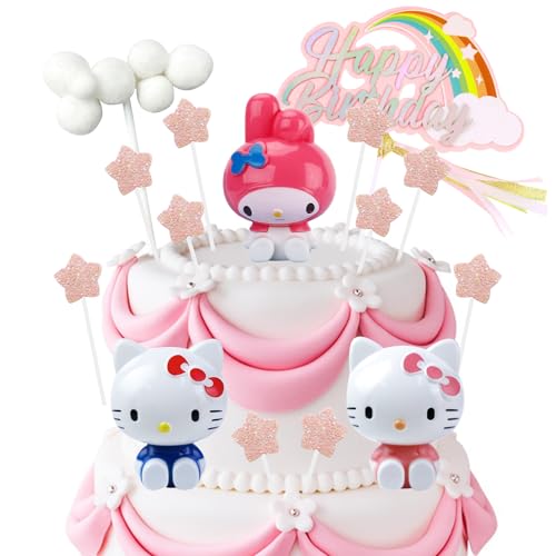 15pcs Kitty Cake Topper, Kitty Cake Decorations, 3 Figures Set 10 Glitter Five-Pointed Star Happy Birthday Topper Cloud Decoration for Kids Birthday Party Baby Shower von Elie&Eason