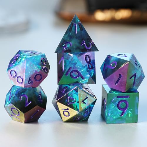 DND Würfel Set Schillernde Beschichtung Handgefertigte 7pcs, D&D-Harz Scharfe Kante, DND-Würfelset für Dungeons und Dragons Rollenspiele Tabletop Spiele mit Geschenketui von Elifel