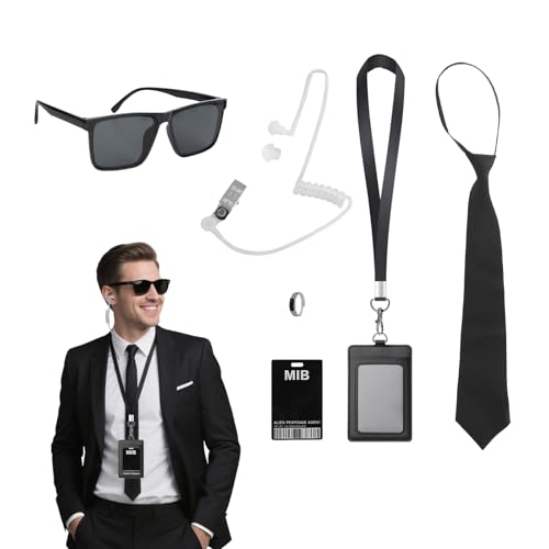 EliphonTowne 5-teiliges Kostüm-Zubehör für Herren in Schwarz – Herren-Accessoires, Spionage-Brille, Fbi-Ausweis, Ring, Cosplay, Herren, Verkleidung für Halloween, für Erwachsene, Geheimdienst-Kostüm von EliphonTowne