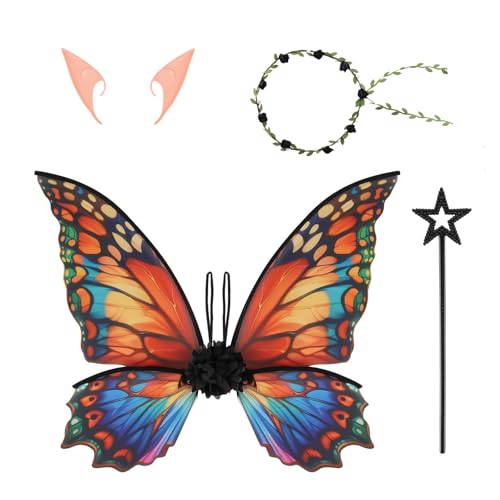 EliphonTowne Feenflügel – Feen Kostüm Set mit Blumenkranz, Fee Haarnadel, Stab und Elfen Ohren, Schmetterlingsflügel EliphonTowne Feenflügel – Feen Kostüm Set mit Blumenkranz, Fee Haarnadel, Stab und Elfen Ohren, Schmetterlingsflügel von EliphonTowne