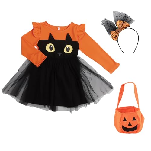 EliphonTowne Kinder Kürbis Kostüm Für Halloween - Pumpkin Costume 3er Set Mit Haarreif & Tasche Für Kinder, Halloween-Prinzessinnenkleid für Kleinkinder, Spitze, Langarm, Kürbis-Print-100CM von EliphonTowne