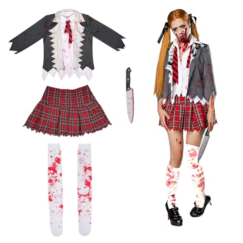 EliphonTowne Zombie-Kostüm für Schulmädchen, grauer Schuluniform, Hemden, Röcke und blutige Socken, gruselige Zombie-Kostüme, Halloween-Kostüme für Mädchen, Kinder (140–150 cm) von EliphonTowne