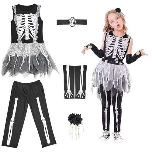 Skelett-Halloween-Kostüm für Mädchen, gruseliges Halloween-Skelett-Kostüm, Tag der Toten, bedrucktes Kleid, ideal für Kinder, Jungen, Mädchen, Kinder-Overall, Verkleidung bis 140 von EliphonTowne