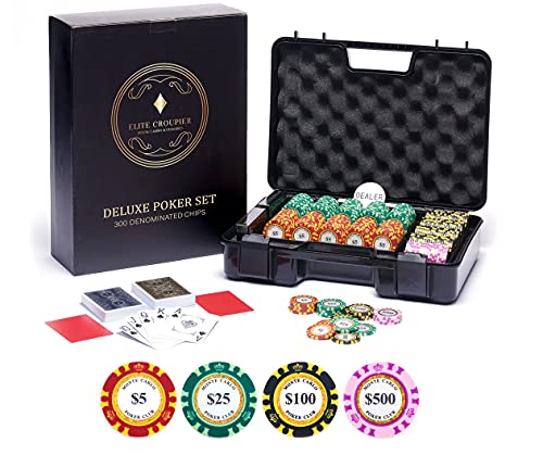 Deluxe 300 Poker Chips Set - Poker Set 300 Chips, stoßfeste Hülle, 2 Töne Monte Carlo Poker Chips (14g Clay Poker Chips mit Bezeichnungen, Casino Chips) 100% PVC Karten, Cut Cards, Blackjack Set von Elite Croupier