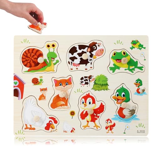 1 Stück Bauernhoftier-Puzzle, Holzsteckpuzzle, Puzzlespielzeug, kreatives Handgriffbrettpuzzle, Kinderpuzzle, Puzzlespielzeug mit Griff, frühkindliches Bildungsspielzeug, Bauernhoftier-Puzzle von Elkuaie