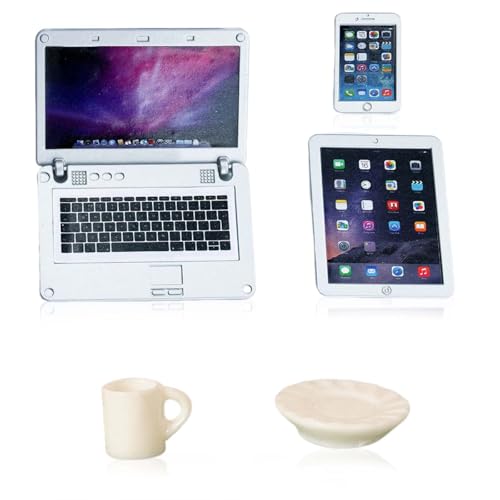 5er-Pack Puppenhaus-Minizubehör, simuliertes Mini-Handy-Tablet-Laptop, Mini-Spitzenteller, Mini-Tasse, Puppenhaus-Dekorationsmodell, Puppenhaus-Szenensimulation, Spielzeugzubehör von Elkuaie