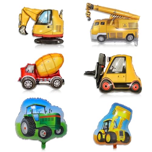 6er-Pack Bagger-Ballon-Set, Gabelstapler-Folienballons, Kran-Ballons, Zement-LKW-Ballons, Traktor-Bulldozer-Ballon-Dekoration, Fahrzeug-Themen-Dekorationsballons, Kindergeburtstag, Baufahrzeug-Dekorat von Elkuaie