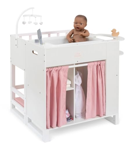 ELLA & PIET® Großes Puppenpflegecenter Nursery 6in1 aus Holz (Weiß-Rosa) Puppenbett Puppenschrank, Badewanne, Hochstuhl von Ella & Piet