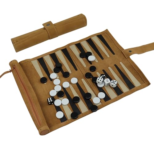 ELLENNE - Backgammon aus echtem Leder mit handgenähten Nähten - tragbar für Reisen aufrollbar von Ellenne