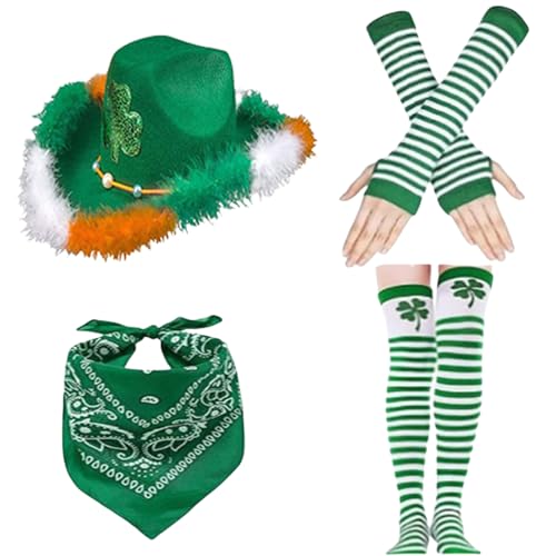 Elnwnnkc 4-teiliges irisches Weihnachts-Kostüm-Set mit grünem Kleeblatt, Hut, Schal, Armstulpen, Kostüm-Set für StPatricks-Tag, Festival, Anlass, Party-Enthusiasten Elnwnnkc 4-teiliges irisches Weihnachts-Kostüm-Set mit grünem Kleeblatt, Hut, Schal, Armstulpen, Kostüm-Set für StPatricks-Tag, Festival, Anlass, Party-Enthusiasten von Elnwnnkc
