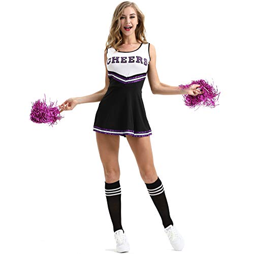 Elonglin Kostüm für Damen, Pompon, Mädchen, Kostüm, Cheerleader, Uniform, mit Quasten, Cosplay, High School, Musik-Top, Rock, Halloween, Schwarz, Größe 46 (Asien XXL) von Elonglin
