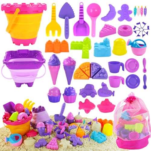 Elovien Strand-Sandspielzeug, 50 Stück, Sandkasten-Spielzeug mit 2 faltbaren Eimern und Spaten, Netz-Rucksack-Tasche, Eiscreme, Kuchen und Burg, Sandformen, Sommer, Outdoor-Reisespielzeug für Kinder von Elovien
