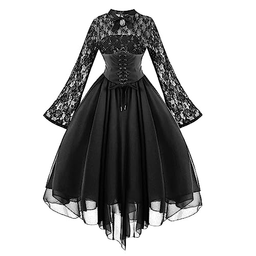 Halloween Kostüm Damen Gothic Kleid Vampir Cosplay Kostüm Steampunk Samtkleid Langarm Spitze Partykleid Y2K A Linie Minikleid Fairy Grunge Halloween Kostüm Gotisch Oberteile von Elsa Keith