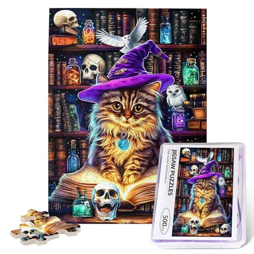 Halloween Puzzle Zauberer Katze Zauberbuch Puzzles für Erwachsene 500 Stück Magisches Bücherregal Schädel Holzpuzzles für anspruchsvolle Familienaktivitätsspiele Motivationsspielzeug Pädagogisch von EluteFpme