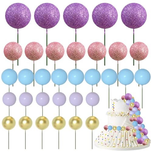 50 Stück Kugel-Kuchenaufsätze, Kuchendekoration, lila und goldene Kugeln für Kuchendekoration, Regenbogenball für Kuchen, Mini-Ballon-Kuchenaufsatz für Geburtstagskuchenaufsätze (lila) von Embhlitfe