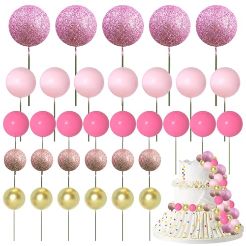 50 Stück Kugel-Kuchenaufsätze, Kuchendekoration, rosa und goldene Kugeln zur Kuchendekoration, Regenbogenball für Kuchen, Mini-Ballon-Kuchenaufsatz für Geburtstagskuchenaufsätze (Rosa) von Embhlitfe