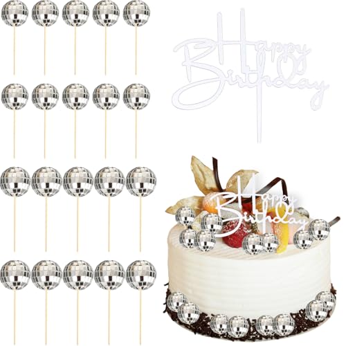Embhlitfe Discokugel-Kuchenaufsätze, Discokugel-Kuchendekorationen, Mini-Discokugeln für Kuchen, Discokugeln, Cupcake-Topper, silberfarbene Kuchendekorationen für 70er-Jahre, Disco-Partyzubehör, 21 von Embhlitfe