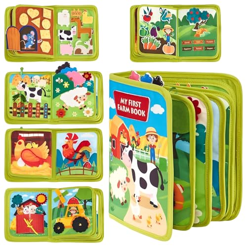 Stoffbuch Baby ab 1 Jahr | Montessori Filzbuch mit 20x20cm Bauernhof/Prinzessin-Motiv | 20-in-1 Sensorisches Lernspielzeug für Frühförderung & Feinmotorik (6 Monate-5 Jahre) (Farm) von Embhlitfe