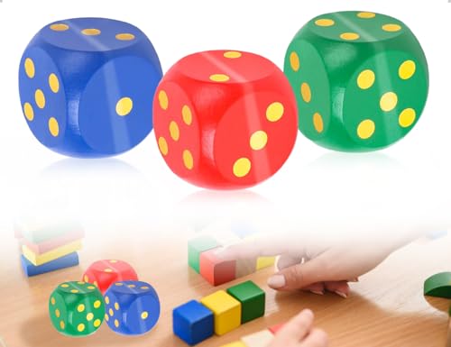 Emezddo 3 Stück Würfel,Großer Holzwürfel mit Abgerundeten Kanten,verwendet für Kinder Party Schulspiele,Lernspielzeug,Geburtstage,Reisen,Partys(Gold Blau und Grün) von Emezddo