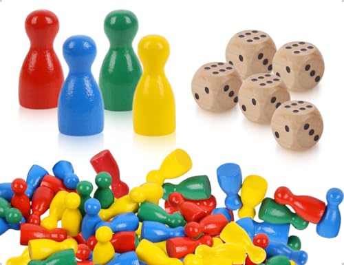 Emezddo 80 Stück Spielfiguren für Brettspiele,Holz Halmakegel,Flaschenkegel mit 5 Holz Würfe,verwendet für Zuhause,Schule,Party, Kinder,Senioren(Rot,Blau,Grün und Gelb) von Emezddo