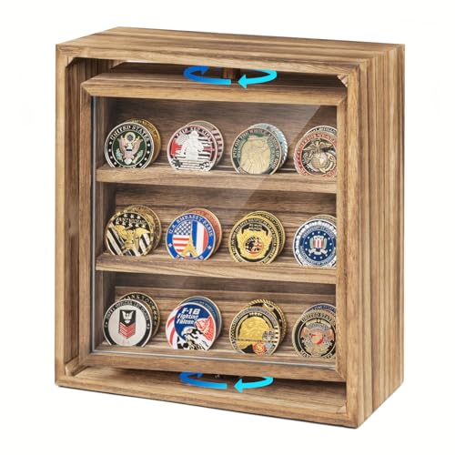 Emfogoo Doppelseitiger Dreh-Münzenständer aus Holz, militärische Herausforderung, 6 Reihen Militärische Vitrine für 33 militärische Medaillen, zur Ehre von Veteranen und Sammlern von Emfogoo