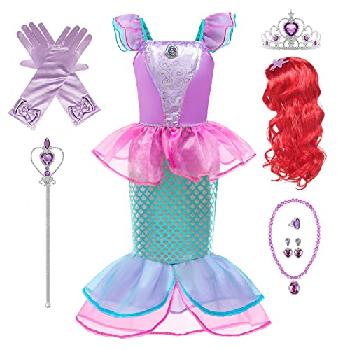 Emin Mädchen Meerjungfrau Kostüm mit Accessoires und Perücke Kinder Ariel Prinzessin Verkleidung Weihnachten Geburtstag Party Halloween Karneval Cosplay Prinzessin Kleid von Emin