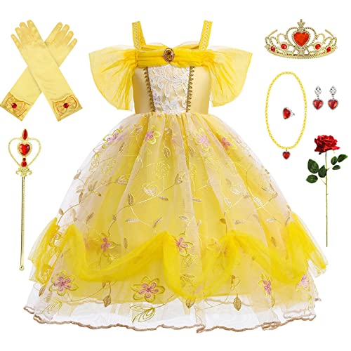 Emin Kinder Prinzessin Belle Kleid Mädchen die Schöne und das Biest Verkleidung Prinzessin Kostüm mit Accessoires Weihnachten Geburtstag Party Halloween Karneval Cosplay Kostüm von Emin