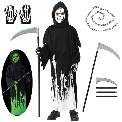 Emin Kinder Sensenmann Kostüm mit Zubehör Gothic Grim Reaper Verkleidung Leuchtendes Skelett Kostüm Weihnachten Geburtstag Party Halloween Karneval Cosplay Verkleiden Jungen Mädchen Emin Kinder Sensenmann Kostüm mit Zubehör Gothic Grim Reaper Verkleidung Leuchtendes Skelett Kostüm Weihnachten Geburtstag Party Halloween Karneval Cosplay Verkleiden Jungen Mädchen von Emin