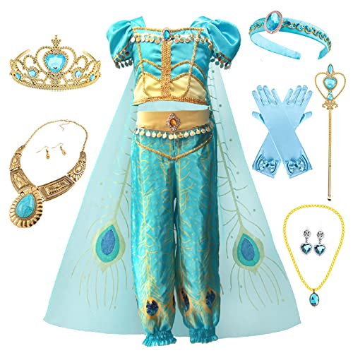 Emin Mädchen Jasmin Prinzessin Kostüm Aladdin Prinzessin Verkleidung Prinzessin Kleid mit Accessoires Geburtstag Party Weihnachten Halloween Karneval Cosplay Verkleiden von Emin