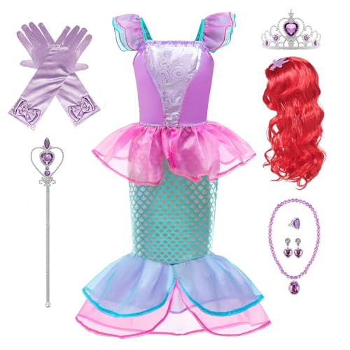 Emin Mädchen Meerjungfrau Kostüm mit Accessoires und Perücke Kinder Ariel Prinzessin Verkleidung Weihnachten Geburtstag Party Halloween Karneval Cosplay Prinzessin Kleid von Emin