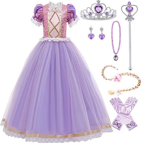 Emin Rapunzel Kostüm Kinder Prinzessin Kleid Spitze Pailletten Mädchen Rapunzel Lila Festkleid Halloween Party Verkleidung Festlich Karneval von Emin