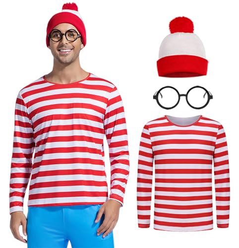 Enccfoeo Erwachsenen-Paar-Kostüm für Herren, Halloween-Kostüm, Waly, Cosplay, rot und weiß gestreift, T-Shirt, Anzug, Outfit mit Brille, Hut EN038-XXL Enccfoeo Erwachsenen-Paar-Kostüm für Herren, Halloween-Kostüm, Waly, Cosplay, rot und weiß gestreift, T-Shirt, Anzug, Outfit mit Brille, Hut EN038-XXL von Enccfoeo
