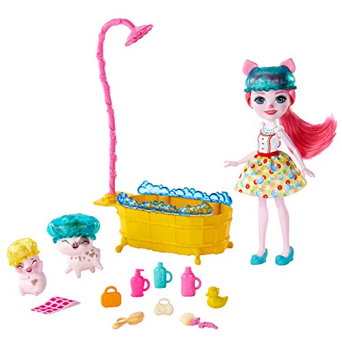 Enchantimals GJX36 - Badespaß Spielset mit Petya Pig Puppe, 2 Ferkel-Figuren (1 davon mit Farbwechsel-Funktion) und 11+ Zubehörteilen, Spielzeug ab 4 Jahren von Enchantimals