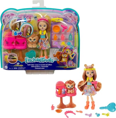 Enchantimals GTM29 - Friseursalon mit Lacey Lion Puppe (15 cm) & Manesy Tierfreundin-Figur aus der Sonnensavanne-Kollektion, kleine Puppe, tolles Geschenk für Kinder von 3 bis 8 Jahren von Enchantimals