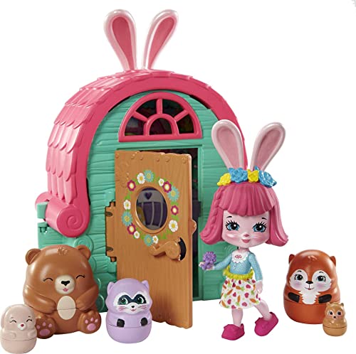 Enchantimals GTM47 - Secret Besties Bree Bunnys Hütte (15 cm) mit 1 Puppe (9 cm), 5 Tierfiguren und 1 Futter-Zubehörteil, aus der Harvest-Hills-Sammlung, tolles Geschenk für Kinder ab 3 Jahren von Enchantimals