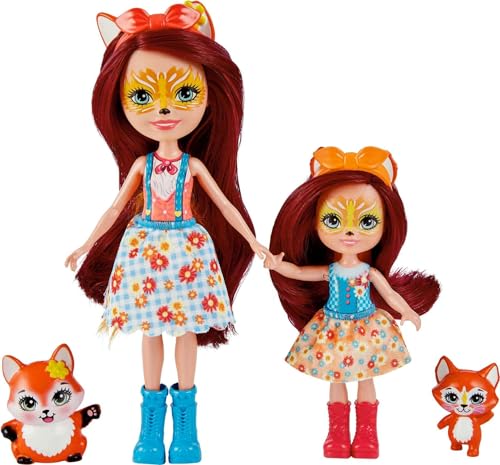 Enchantimals HCF81 - Felicity Fox und kleine Schwester (ca. 15 cm und ca. 10 cm) und 2 Tierfiguren, abnehmbarer Rock und Zubehörteile, tolles Spielzeug Geschenk für Kinder ab 3 Jahren von Enchantimals