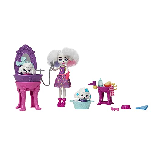 Enchantimals HHC20 - City Tails Pudelwohl Schönheitssalon Spielset mit Pudel-Mädchen Perris Poodle Puppe, 2 Hunde-Figuren, inklusive Wasch-Station und Zubehör, Spielzeug für Kinder ab 4 Jahren von Enchantimals