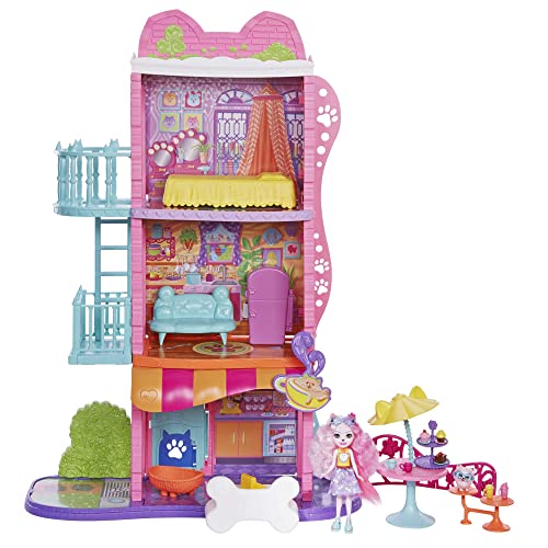 Enchantimals HJH65 - City Tails Stadt-Haus & Café Spielset mit Zwergspitz-Mädchen Palmer Pomeranian Puppe und Hunde-Figur, inklusive Zubehör, Spielzeug für Kinder ab 4 Jahren von Enchantimals