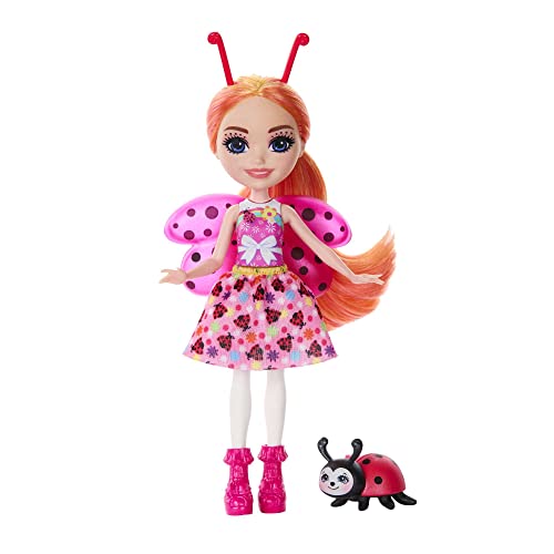 Enchantimals Puppen, Glam Party Ladonna Ladybug-Puppe und Tierfreund Waft, kleine Puppe mit abnehmbarem Rock und Zubehör, Geschenke für Kinder, HNT57 von Enchantimals