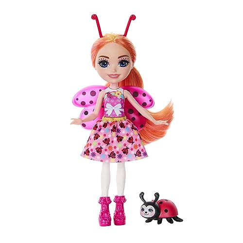Enchantimals Puppen, Glam Party Ladonna Ladybug-Puppe und Tierfreund Waft, kleine Puppe mit abnehmbarem Rock und Zubehör, Geschenke für Kinder, HNT57 von Enchantimals
