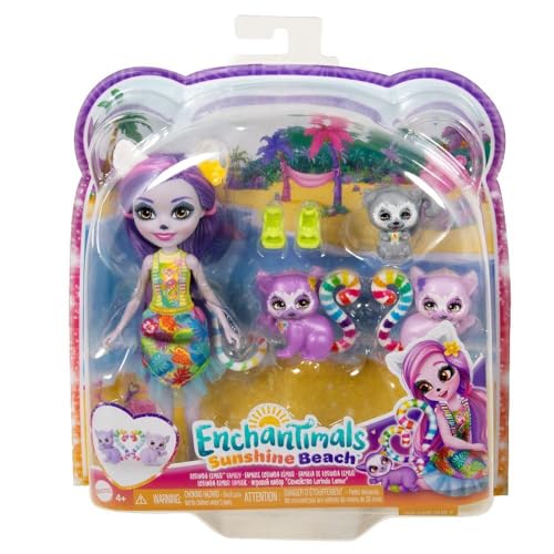 Enchantimals Puppen | Sunshine Beach Lorinda Lemur Puppe, Freund Ringer und 2 Freunde-Figuren, kleine Puppe mit ausziehbarem Rock und Zubehör, Geschenk für Kinder, HRX86 von Enchantimals