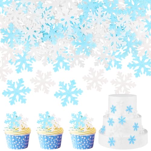50 Stück Essbare Schneeflocken Tortendeko, Frozen Kuchen Deko, Essbare Kuchen Topper Schneeflocke Cupcake Toppers, Muffin Deko Torte für Geburtstag, Hochzeit, Weihnachten (Blua + Weiße) von Encuryna