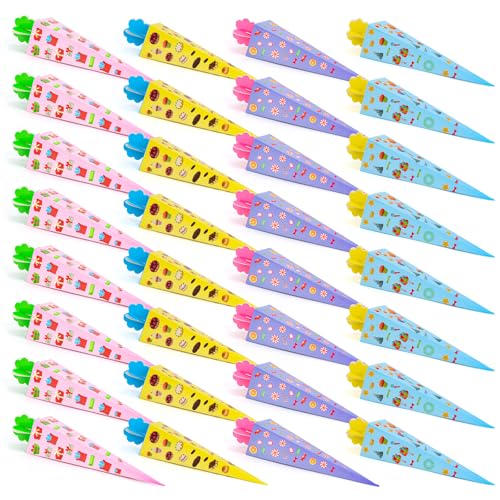 Encuryna 32 Stück Schultüte Klein 20cm, Zuckertüten Girlande Hänge Deko Geschwistertüte für Mädchen & Jungen in 4 Farben, Faltbare Zuckertüten für Einschulung & Partys +Regenbogen-Schultüte von Encuryna