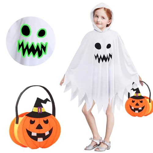 Encuryna Halloween Kostüm Kinde Geisterkostüm Kinder 2025 - Leuchtendes Halloween Outfit Mit Kürbisbeutel Süß & Gruselig (7-9 Jahre) Sicher & Weich Komplettset Für Partys & Trick Or Treat（M）120-130cm von Encuryna