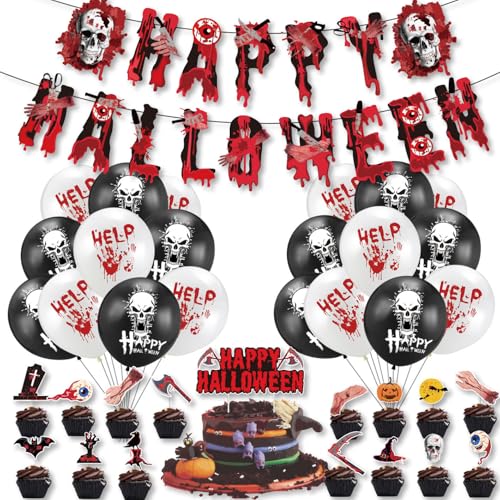 Halloween Party Dekoration Set, Blutige Halloween Girlande, Horror Luftballon Dekoration und Tortendekoration, Grusel Set für Karneval Fasching Halloween Party Dekoration von Encuryna
